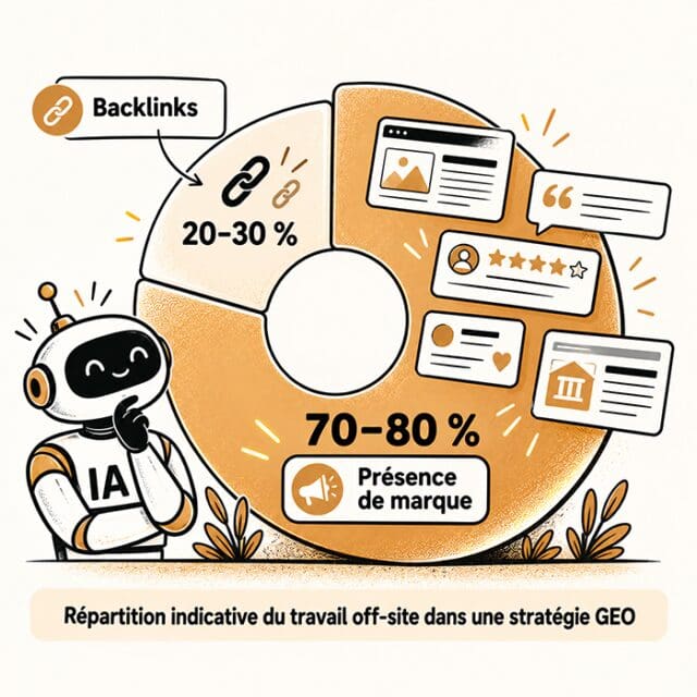 Les backlinks représentent 20 à 30 % du travail dans une stratégie off-site orientée GEO